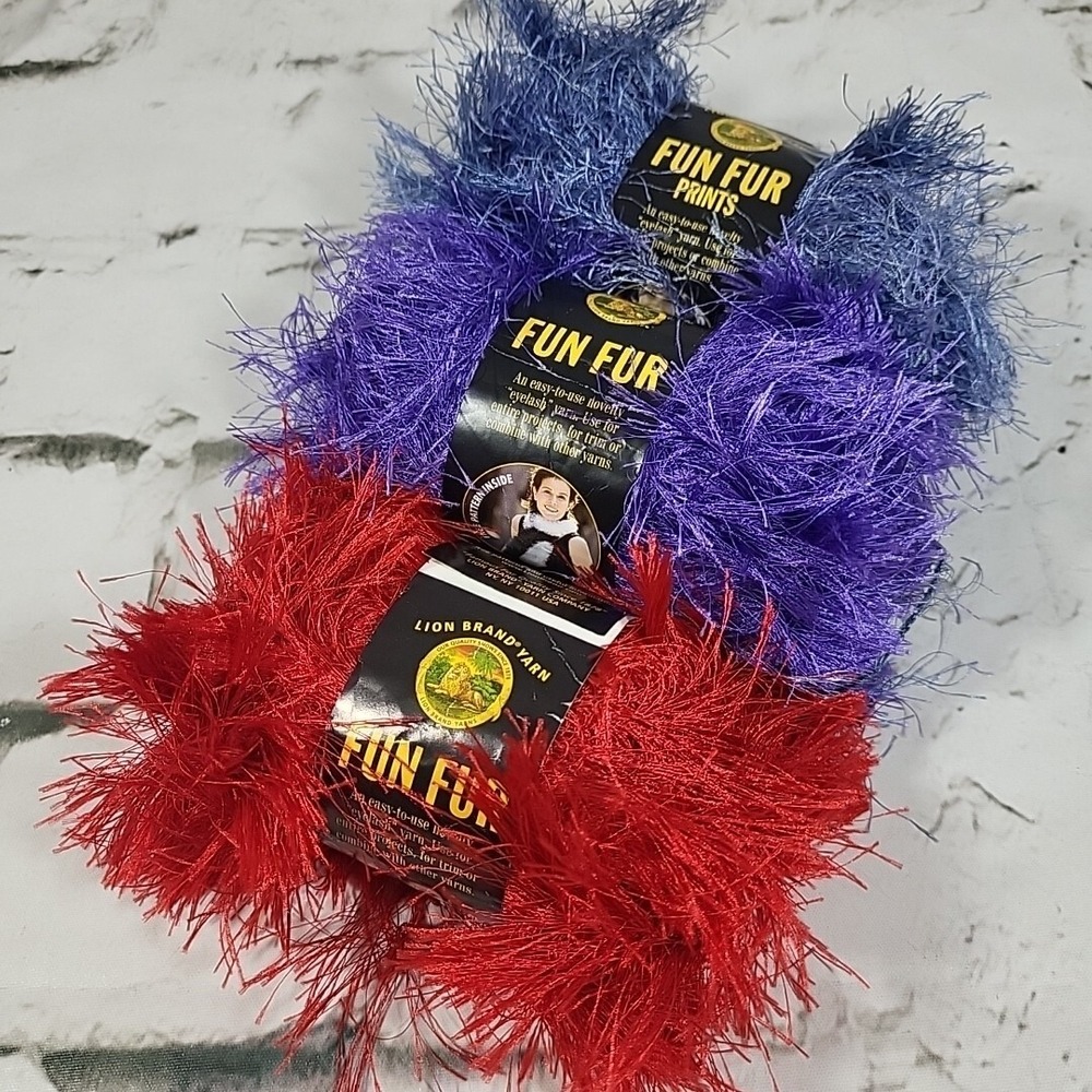 Lion Brand Fun Fur Yarnβ Red and Purple Lot of 3 Skeins